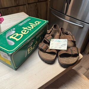 Birkenstock Brown Sandals with Cork Sole and Two-Strap Design